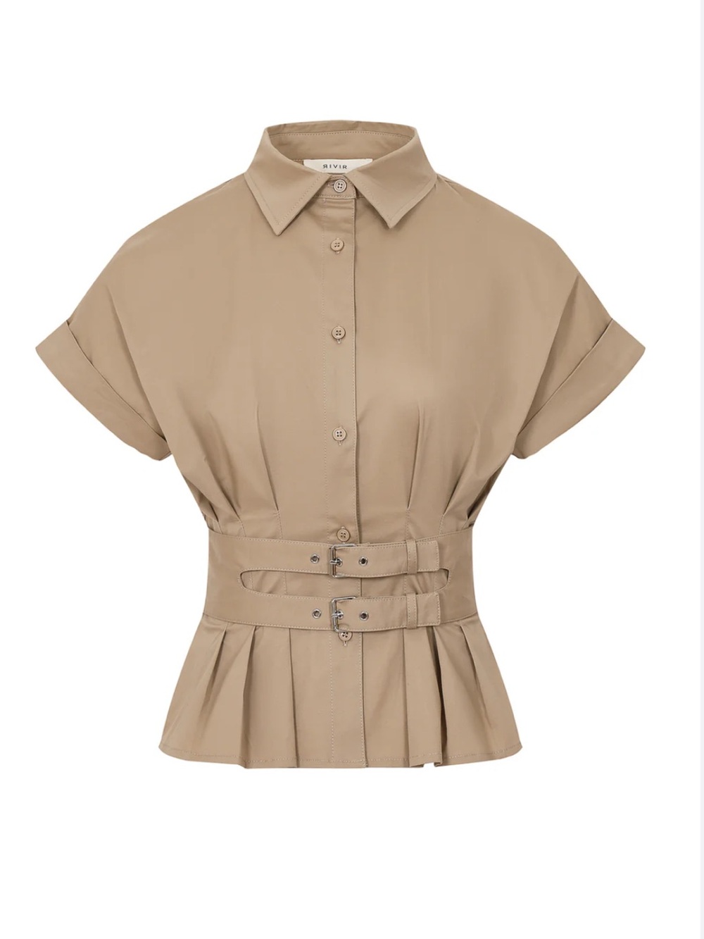 Rivir Belted Contour Woven Pleated Double Buckle Short Sleeve Tan Blouse Large